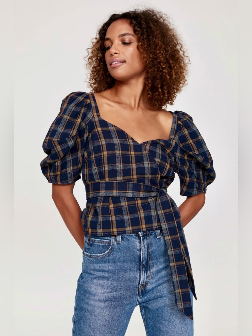 Madewell Ash Top Navy & Brown Plaid Puff-Sleeve Wrap